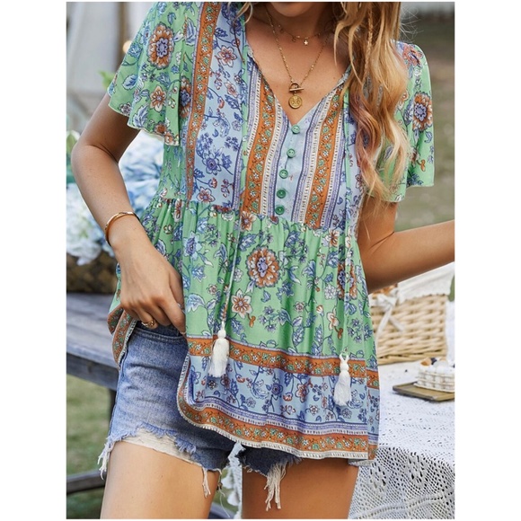 BellanBlue Tops - Boho Floral Print Cottagecore Tie Neck Blouse